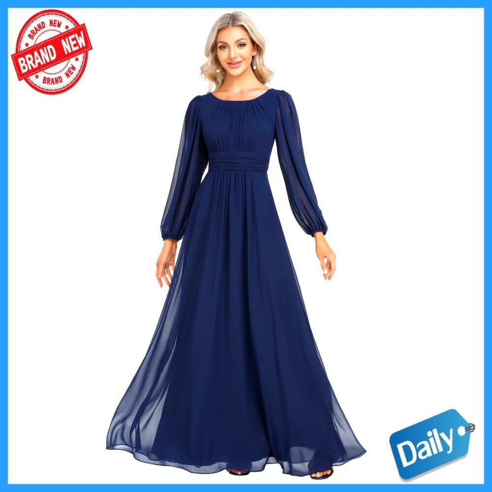 Long Sleeve Formal Chiffon Dress Floor Length A-Line Pleated